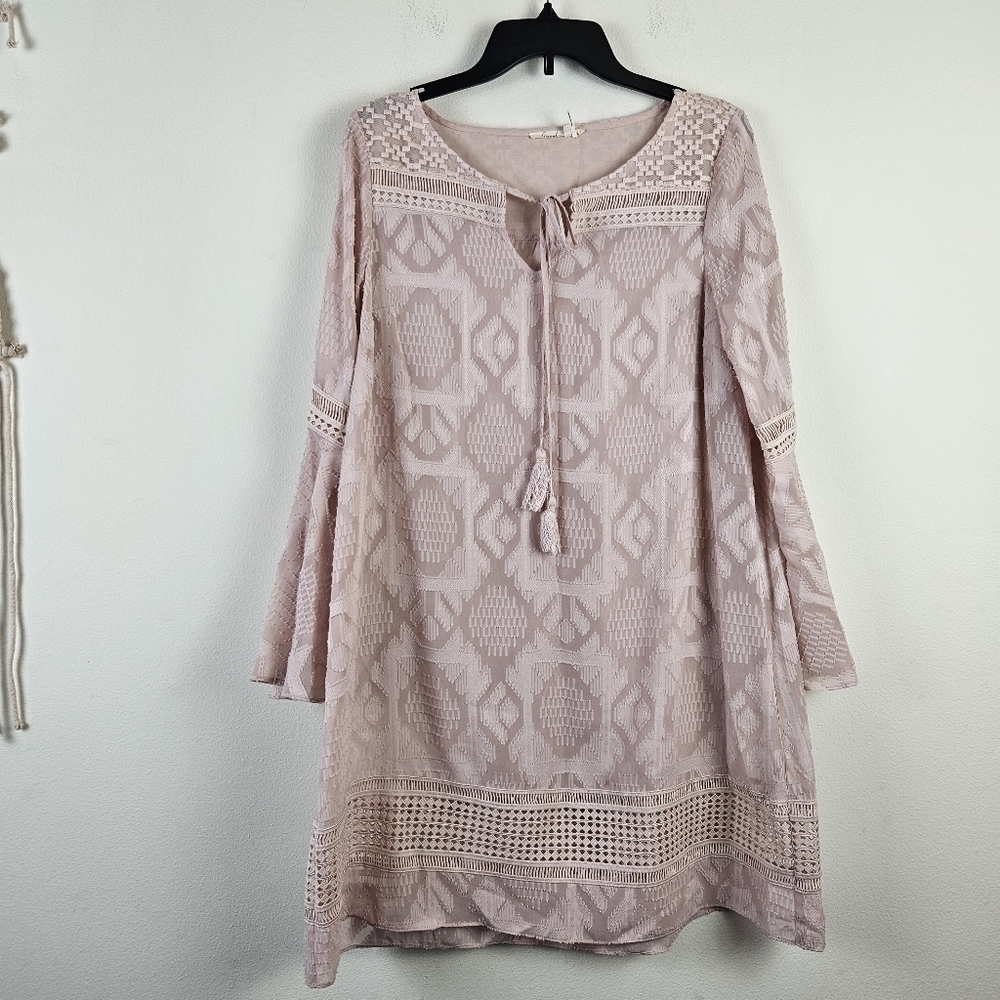 Anthropologie Floreat Esme Shift Mini Dress Size 6 Pink Long Bell Sleeve